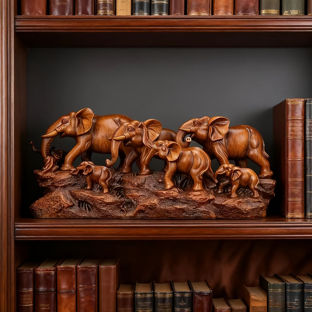 Elephant Family Figurine Resin Lucky Feng Shui Statue – Wood Grain Style Home Decor for Living Room Office Shelf, Housewarming Gift
