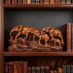 Elephant Family Figurine Resin Lucky Feng Shui Statue – Wood Grain Style Home Decor for Living Room Office Shelf, Housewarming Gift