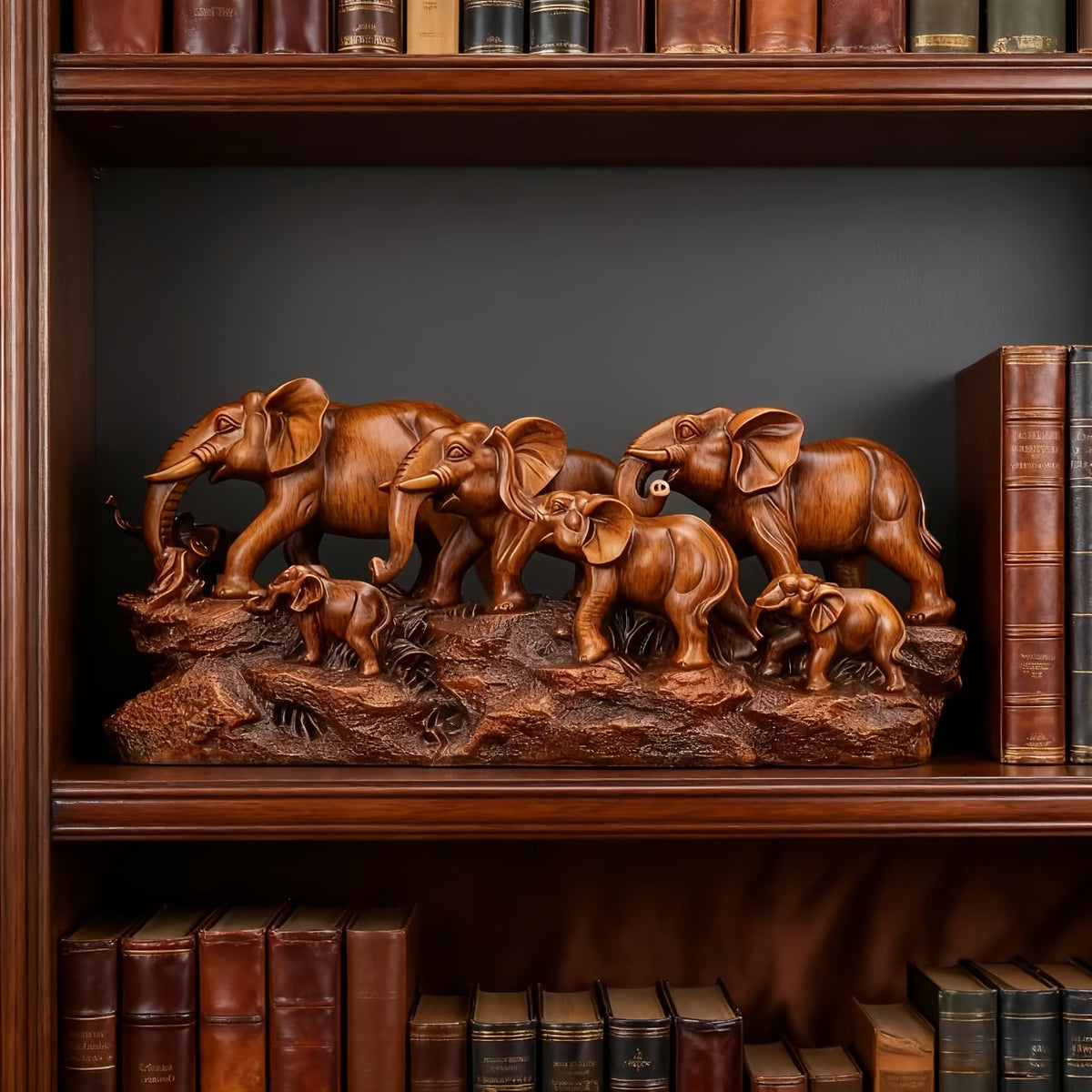 Elephant Family Figurine Resin Lucky Feng Shui Statue – Wood Grain Style Home Decor for Living Room Office Shelf, Housewarming Gift