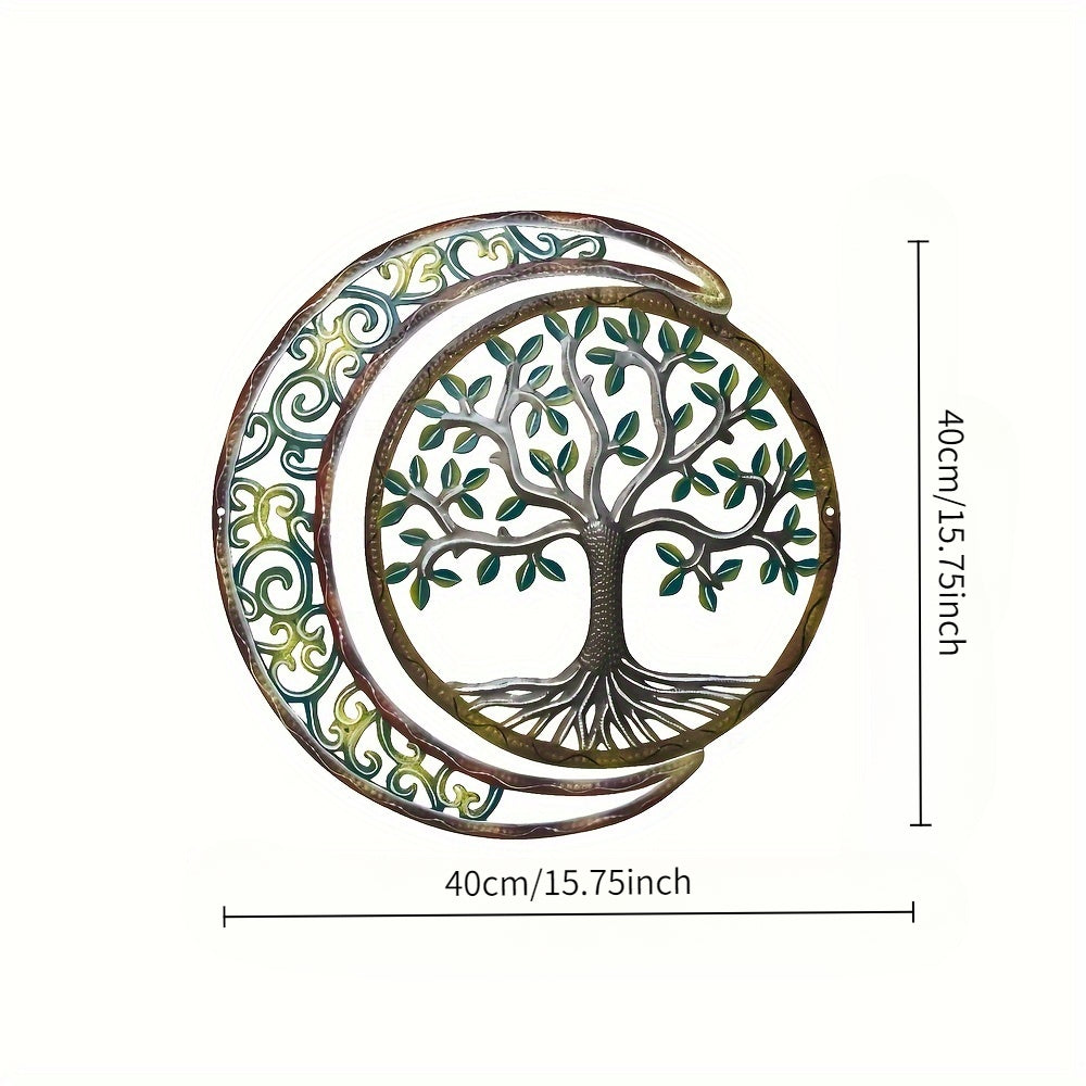 Moon & Green Tree Iron Wall Sculpture 15.75×15.75 Inch – Art Deco Metal Wall Hanging Decor for Home, Patio, Yoga Studio & Teahouse, Holiday Gift for Wedding, Christmas, Thanksgiving & Halloween
