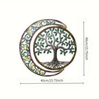 Moon & Green Tree Iron Wall Sculpture 15.75×15.75 Inch – Art Deco Metal Wall Hanging Decor for Home, Patio, Yoga Studio & Teahouse, Holiday Gift for Wedding, Christmas, Thanksgiving & Halloween