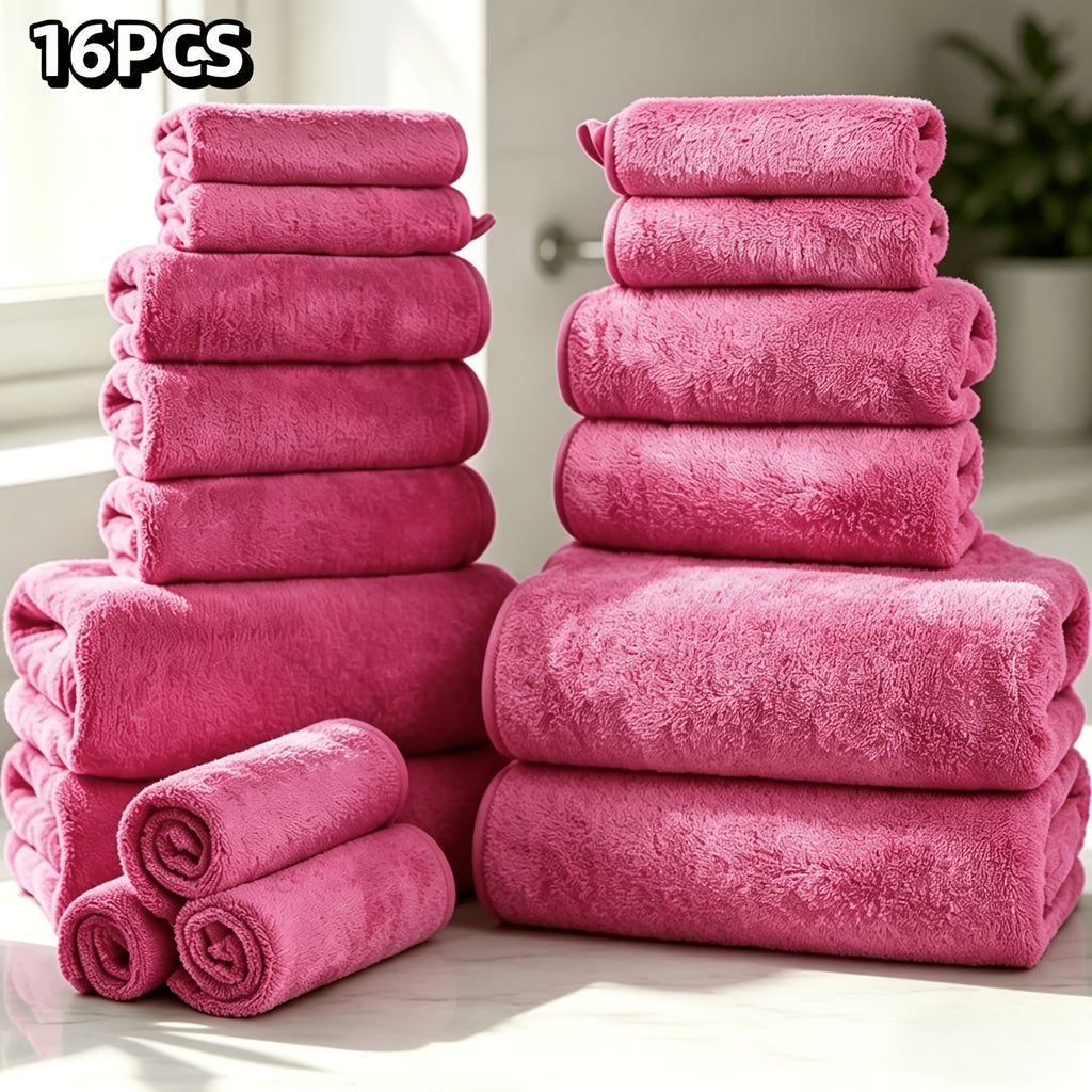 16-Piece Ultra-Soft Coral Fleece Bath Towel Set – 4 Bath Towels, 6 Hand Towels & 6 Washcloths | Quick-Dry, Highly Absorbent | Home, Hotel & Spa