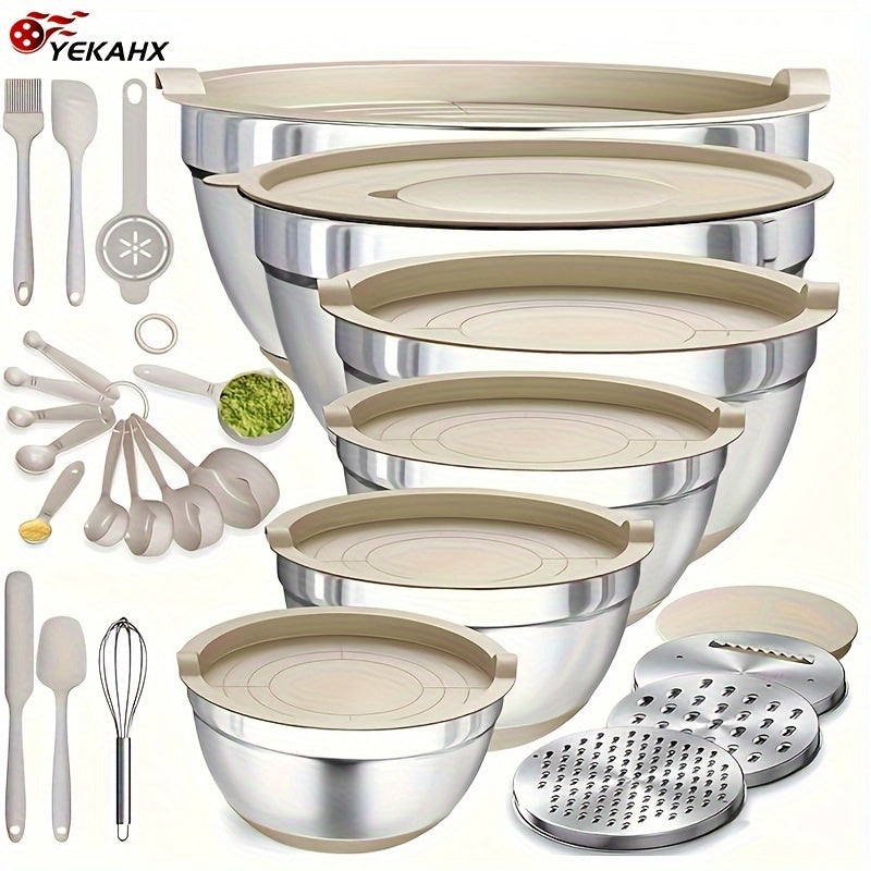 26-Piece Stainless Steel Mixing Bowl Set with Airtight Lids & 3 Grater Attachments - Non-Slip Bottoms | 6 Sizes: 1–7 QT