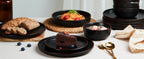 12 Piece Matte Black Stoneware Dinnerware Set Speckled Microwave Dishwasher Safe Dinner Plates Salad Plates Bowls Service for 4