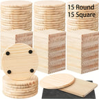 Unfinished Wood Coasters for Crafts DIY Engraving Painting – 4 Inch Square & Round Wooden Drink Coasters with Non-Slip Pad for Home Kitchen Coffee Table | 30 or 60 Pack