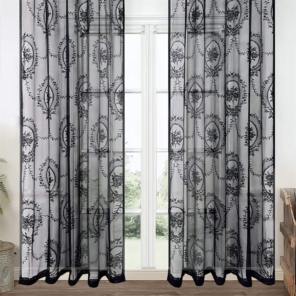 Lace Embroidery Sheer Curtain Rod Pocket Floral for Bedroom, Living Room & Wedding – Machine Washable Unlined Polyester, Glam Decor, 4 Sizes