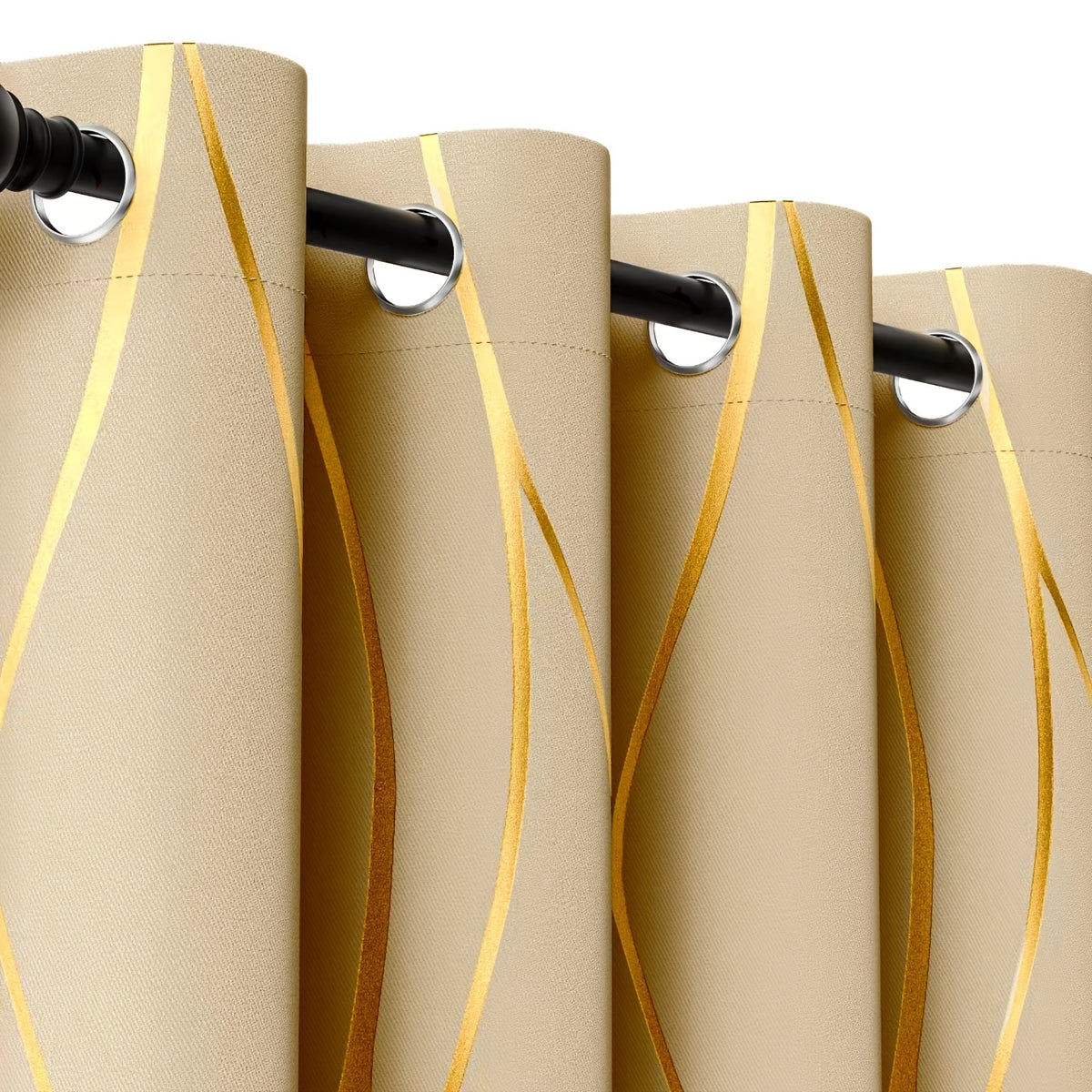 Blackout Curtains Glam Style 2 Panels - Grommet Top Room Darkening Drapes with Gold Foil Wave Pattern, Thickened Polyester Heat Insulation for Living Room & Bedroom