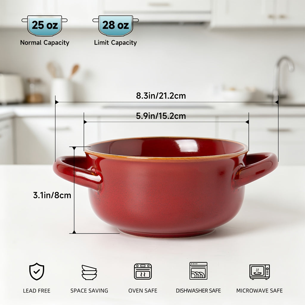Colorful Ceramic Double-Handled Bowl Set Dopamine Style 28oz Extra-Large – Microwave & Dishwasher Safe for Soup, Salad, Pasta & Ramen – 2 or 4 Piece, Assorted Colors