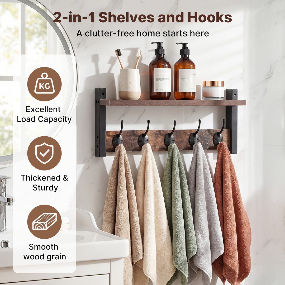 Wall Mounted Coat Rack with Shelf & Hooks – Heavy Duty Industrial Metal Entryway Organizer, Rustproof Multi-Hook Storage for Hallway Mudroom Porch, No Assembly