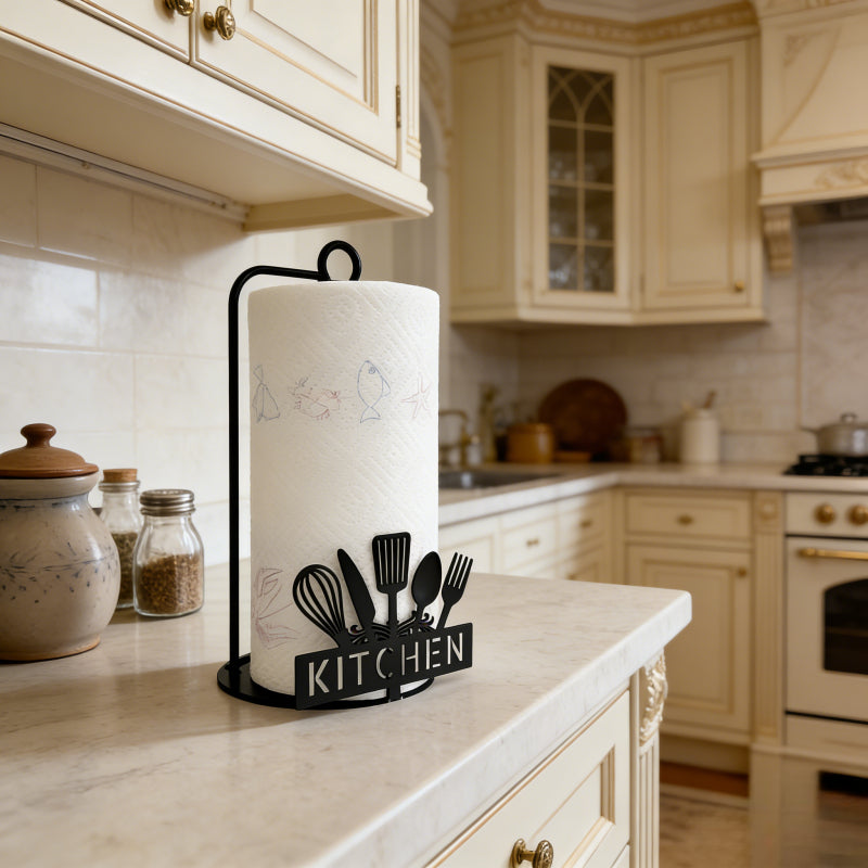 Paper Towel Holder Black Iron Countertop Napkin Dispenser – Kitchen Theme Tissue Stand for Kitchen, Living Room, Bedroom & Coffee Bar