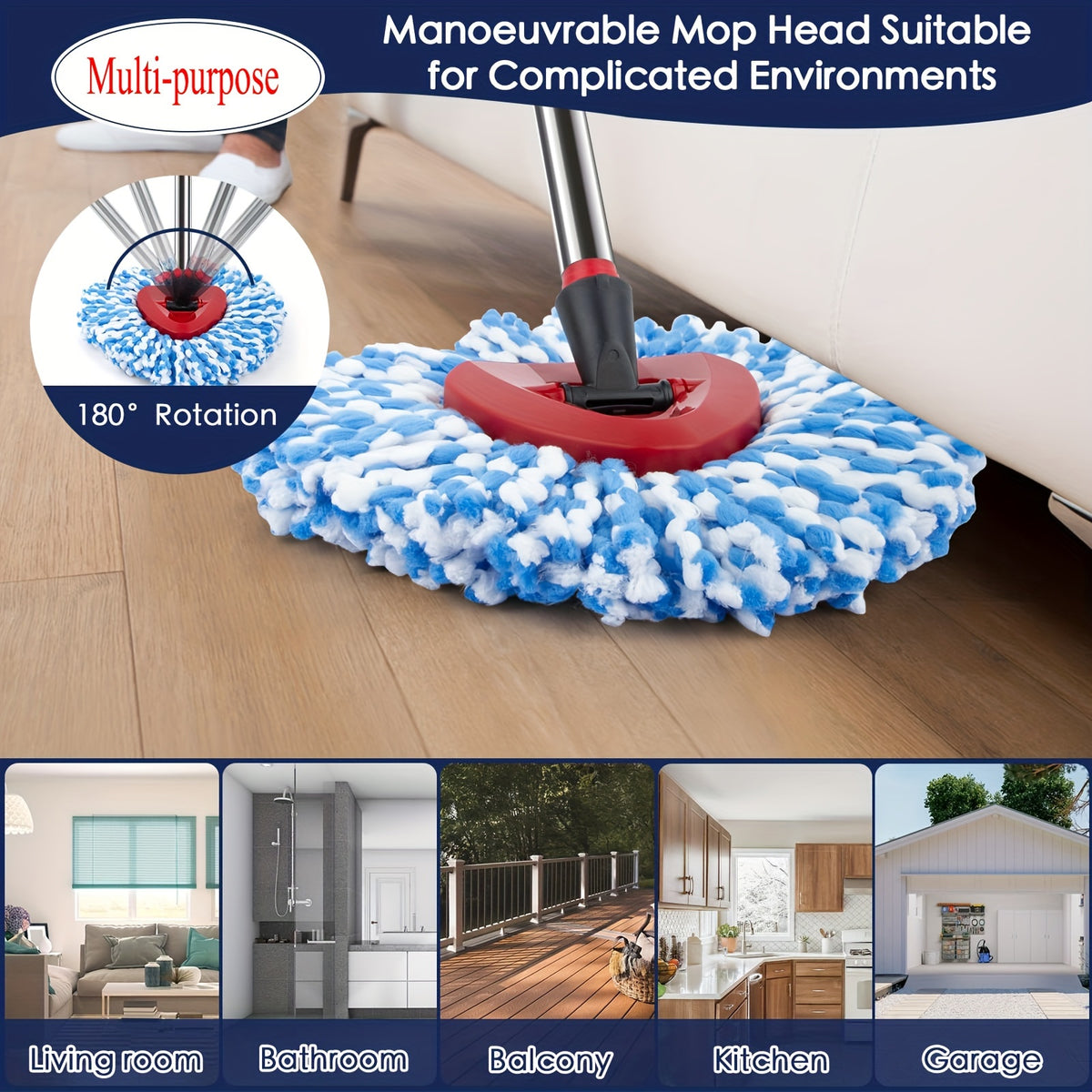 Spin Mop Replacement Heads 6 Pack Microfiber – Machine Washable Mop Head Refills with Scrub Brush & Base for Deep Floor Cleaning, Home, Kitchen & Hardwood Floors, Blue