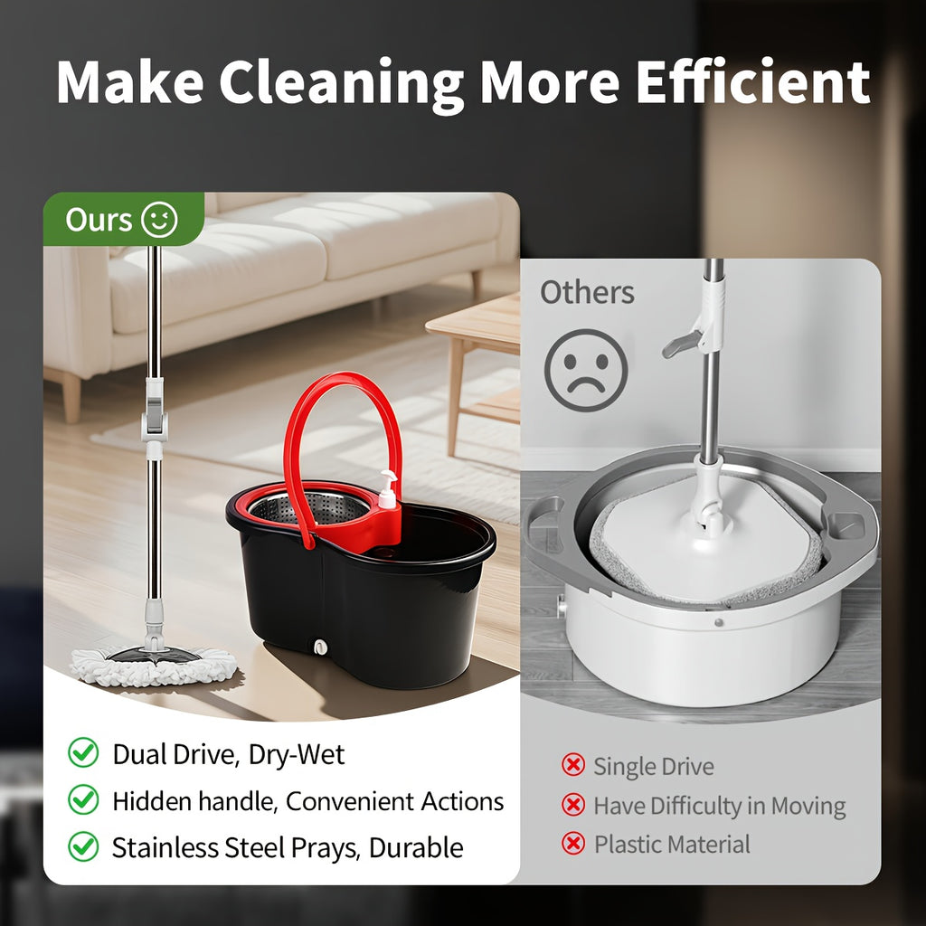 Spin Mop and Bucket Set with Wringer, 360° Dual-Drive Wringing System, 3 Microfiber Mop Heads for Hardwood Tile Marble Laminate Floor Cleaning