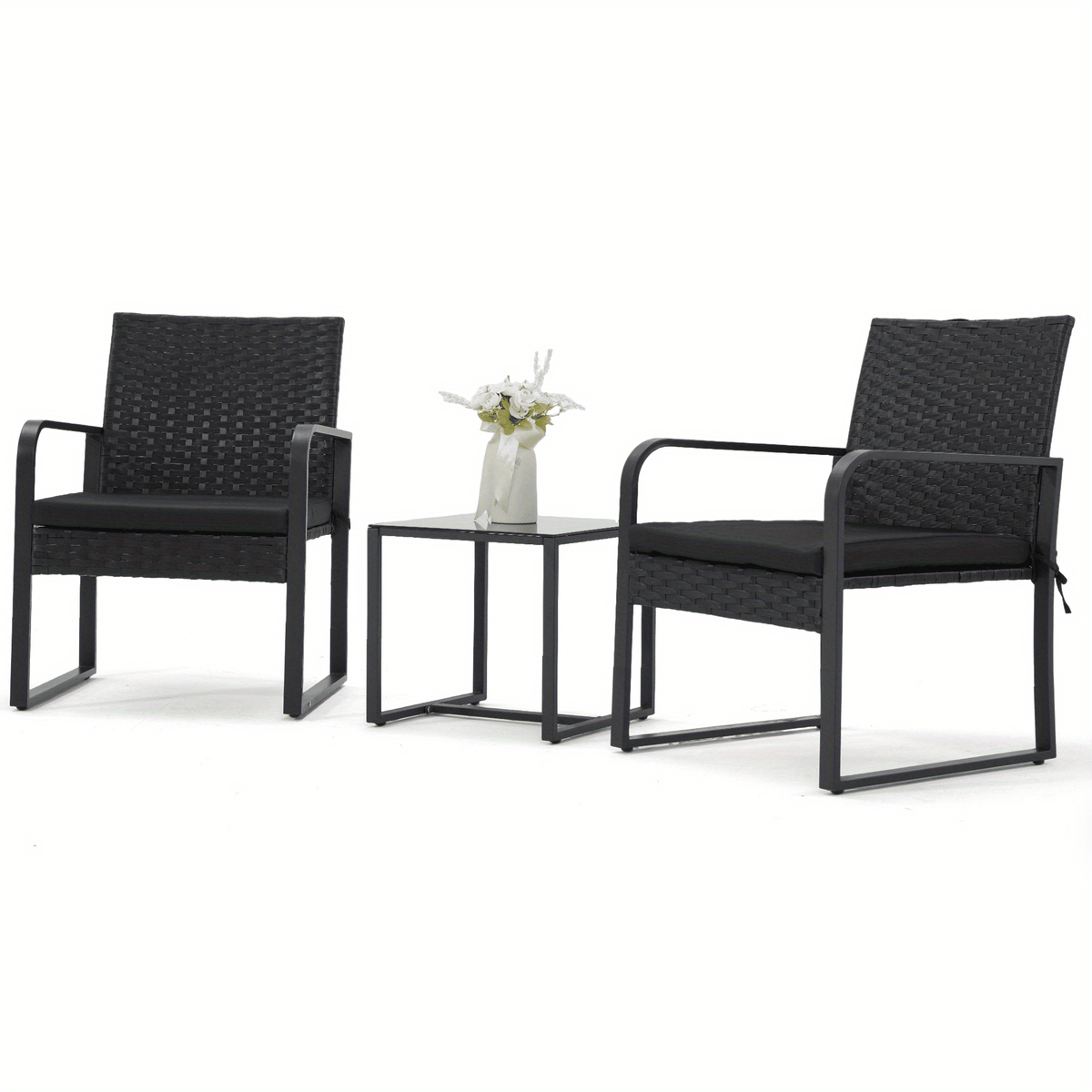 Rattan Bistro Set 3 Piece Outdoor Furniture with Coffee Table Steel Frame Cushions Garden Balcony Poolside Backyard Black Brown Gray