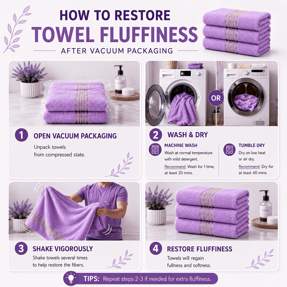 Luxury Bamboo Cotton Bath Towel Set 4 Pack – 620GSM Super Soft Quick-Dry Absorbent Towels for Bathroom, Spa, Gym & Travel – Purple, Pink, Navy, Gray, Blue