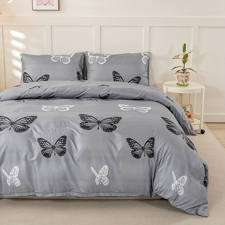 Gray Butterfly Print Duvet Cover Set 3pcs Black White Butterfly Quilt Cover with Pillowcases Twin Full Queen King