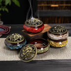 Ceramic Incense Holder Set 4pcs Large Kiln-Fired with Vintage Brass Lid & Fireproof Mat – Stick, Cone & Coil Incense Burner for Home Meditation, Zen Decor & Aromatherapy