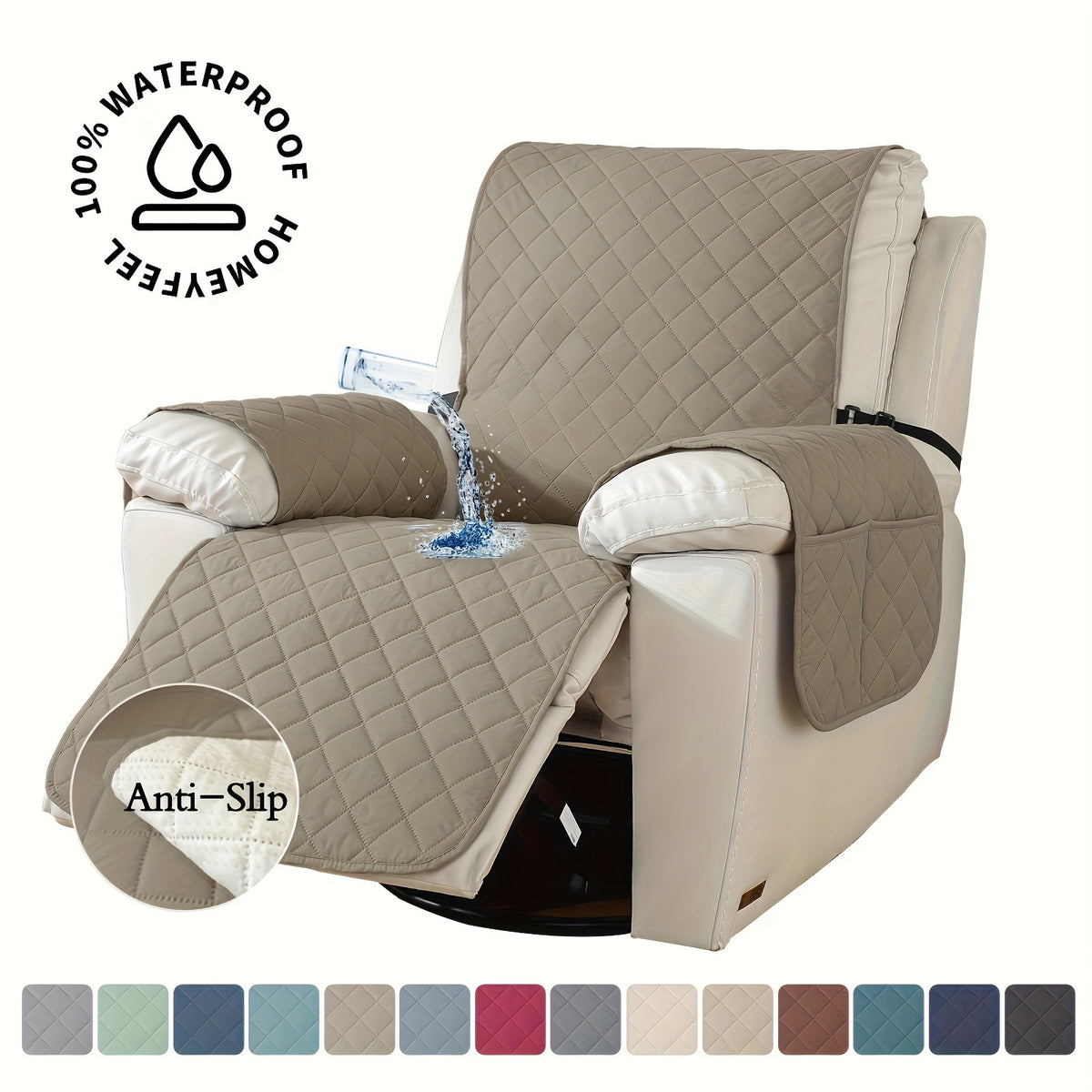 Recliner Chair Cover Waterproof Non-Slip, Oversized Recliner Slipcover with Side Pocket & Elastic Straps, Washable Furniture Protector for Dogs & Pets, Warm Cozy Chair Cover, 1 Piece