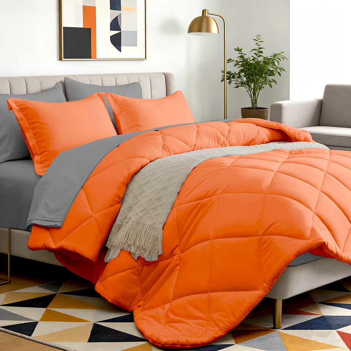 Bed in a Bag 7-Piece Double-Sided Checked Comforter Set – Ultra Soft Fluffy All Season Bedding with Flat Sheet Fitted Sheet Pillowcases Shams, Twin XL Full Queen King