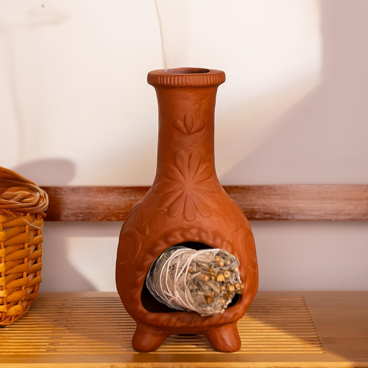 Ceramic Chiminea Incense Holder with Palo Santo Design – Handcrafted Terracotta Mini Chiminea Stick Burner for Meditation, Altar & Purification | Sage Texture Base