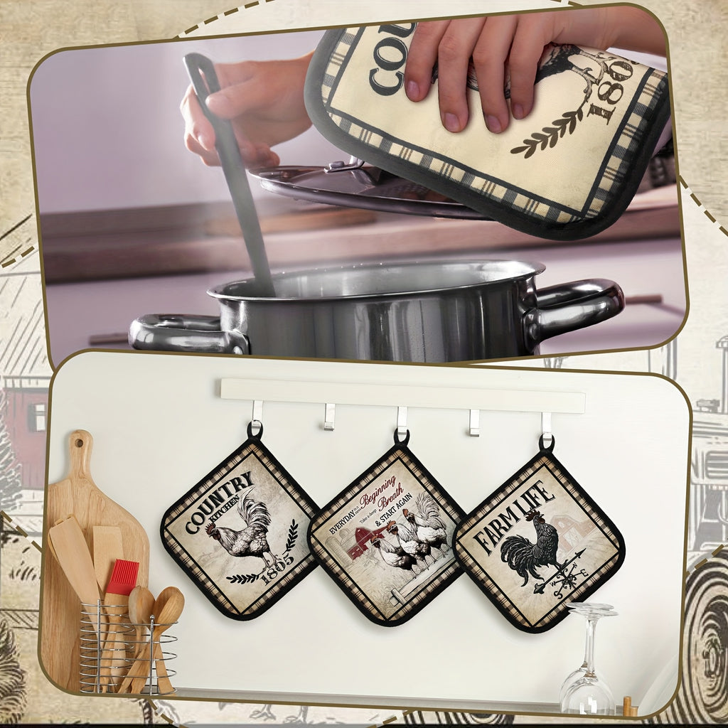 Farmhouse Rooster Pot Holders Set of 12 with Pocket - Heat Resistant Polyester Oven Mitts Hot Pads and Cookie Bags for Baking Cooking and Gifting - Fun Kitchen Potholder Gift Set