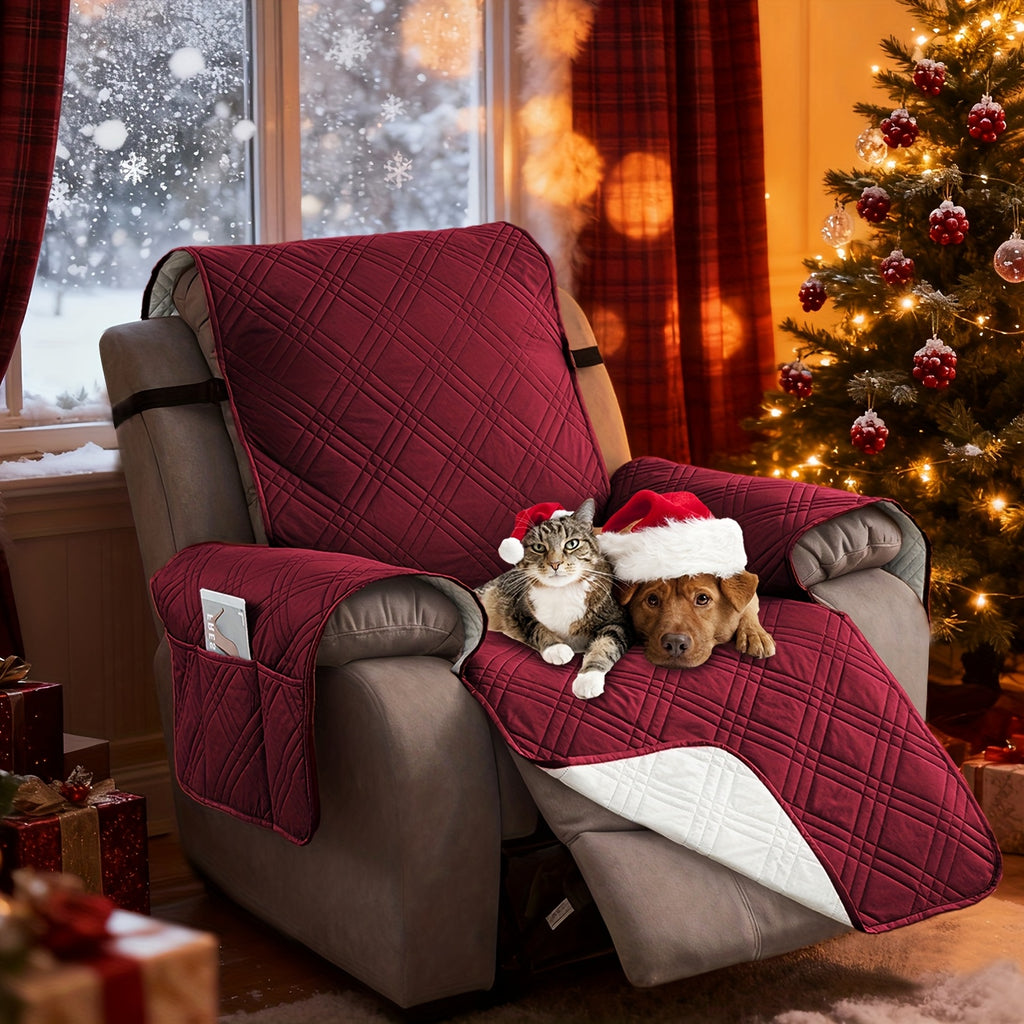 Waterproof Recliner Cover Pet Scratch-Resistant, 5-Layer Quilted Non-Slip Recliner Chair Slipcover with Pocket & Elastic Straps, Easy-Care Polyester Furniture Protector for Living Room, Bedroom & Office, Coffee/Gray
