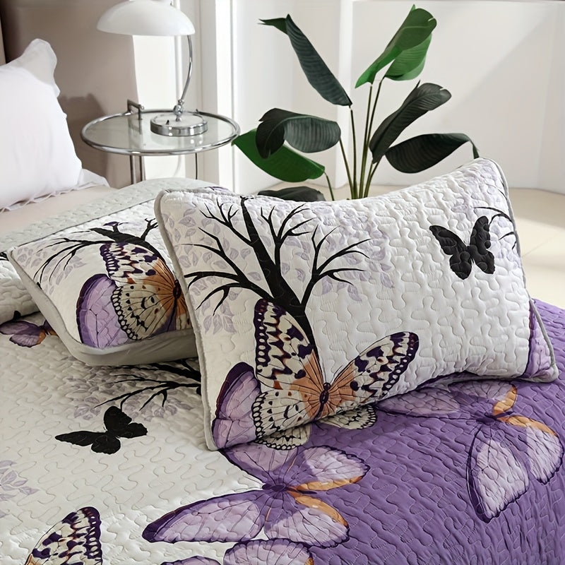 Butterfly Floral Quilted Bedspread Set 3 Piece – Embellished Polyester Coverlet with Floral Butterfly Pattern, Machine Washable All-Season Bedding, Polyester Fill, Queen & King Size, Purple