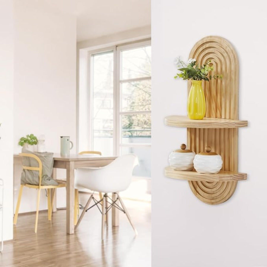 Boho Farmhouse Wood Floating Wall Shelves – 2-Layer Arc Design Wall-Mounted Storage Rack for Books, Plants & Decor in Bedroom, Bathroom, Kitchen & Living Room