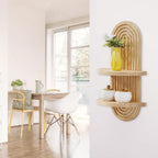 Boho Farmhouse Wood Floating Wall Shelves – 2-Layer Arc Design Wall-Mounted Storage Rack for Books, Plants & Decor in Bedroom, Bathroom, Kitchen & Living Room