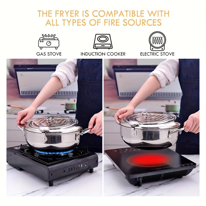 Stainless Steel Tempura Deep Fryer with Thermometer, Lid & Drip Strainer – Temperature Control Pot for Frying Boiling Steaming at Home