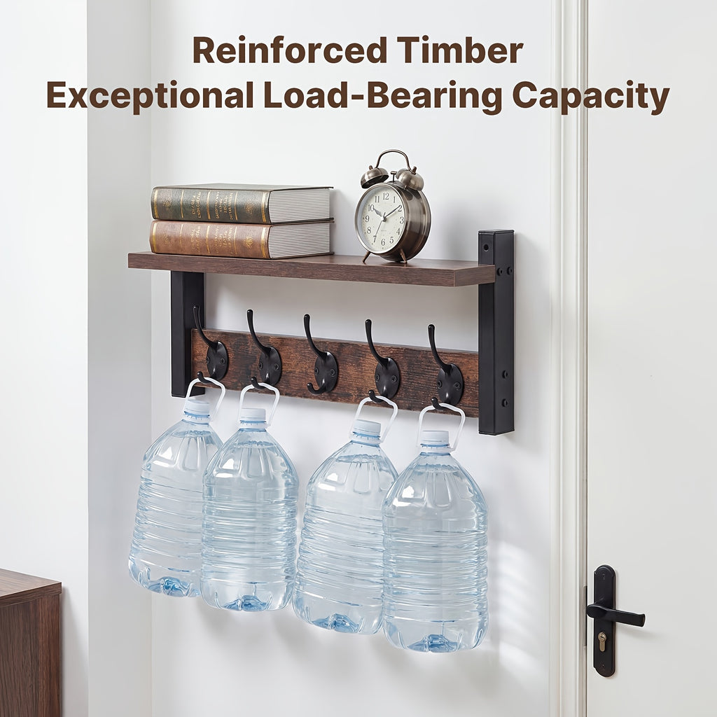 Wall Mounted Coat Rack with Shelf & Hooks – Heavy Duty Industrial Metal Entryway Organizer, Rustproof Multi-Hook Storage for Hallway Mudroom Porch, No Assembly