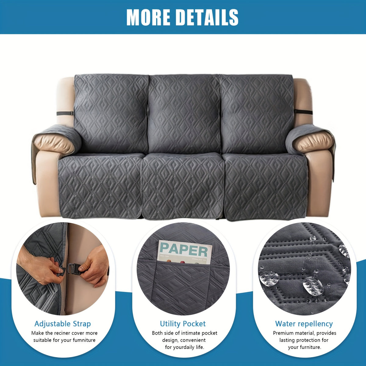 Recliner Sofa Cover Set 3-Piece Non-Slip Couch Covers for 3-Cushion Reclining Couch – Washable Furniture Protector with Elastic Straps for Pets & Dogs, Knit Fabric Slipcover for Living Room