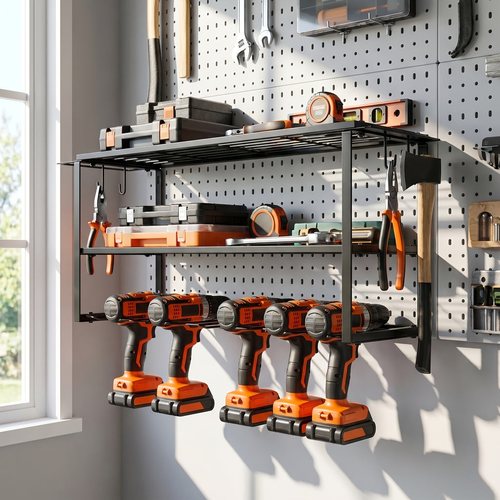 Power Tool Storage Rack Wall Mount – 150 lb Heavy-Duty 3-Tier Steel Organizer with 7 Bit Holders for Garage Workshop Shed Basement