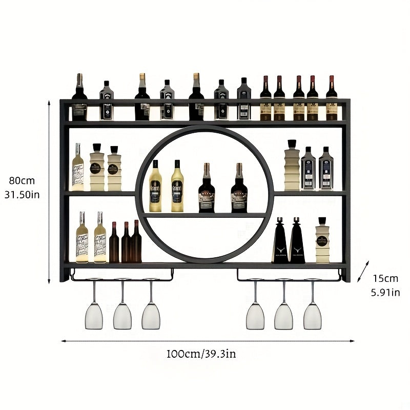 39 Inch Wall Mounted Bottle Rack with LED Lighting – 3 Tier Wine Glass Holder Floating Bar Shelf in Gold or Black for Kitchen Living Room & Home Bar