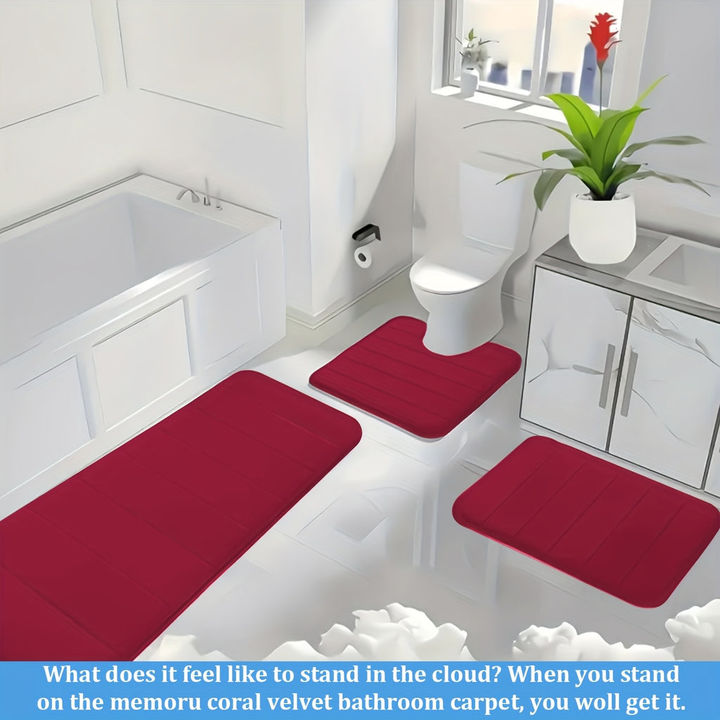 Memory Foam Bath Mat Set 3 Piece – Non-Slip, Soft Absorbent Plush Rugs for Bathroom, Kitchen & Bedroom | 9 Colors | Washable