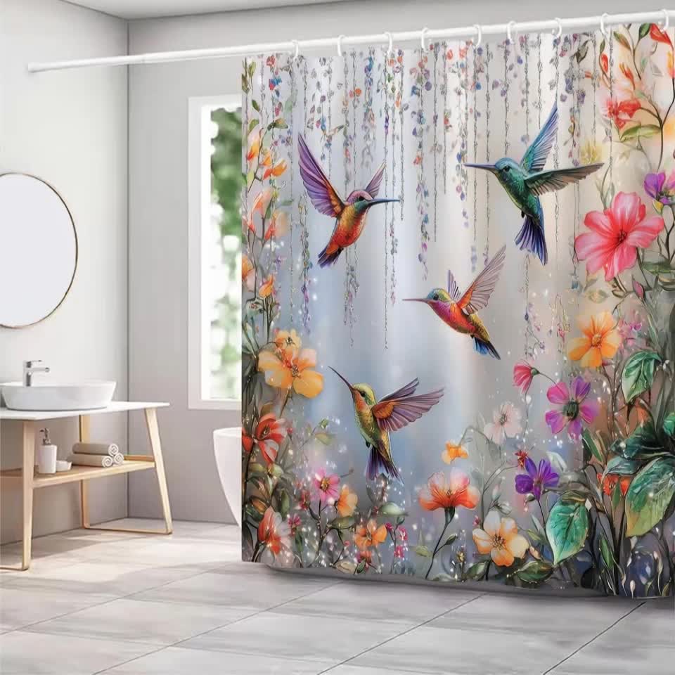 Hummingbird Floral Shower Curtain 70x70 Inch – Vibrant Iridescent Pink Orange Purple Flowers Polyester Fabric Machine Washable Nature Lover Bathroom Decor