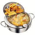 Stainless Steel Tempura Deep Fryer with Thermometer, Lid & Drip Strainer – Temperature Control Pot for Frying Boiling Steaming at Home