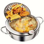 Stainless Steel Tempura Deep Fryer with Thermometer, Lid & Drip Strainer – Temperature Control Pot for Frying Boiling Steaming at Home