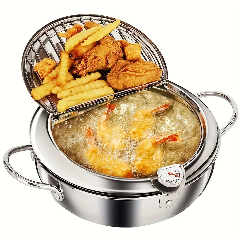 Stainless Steel Tempura Deep Fryer with Thermometer, Lid & Drip Strainer – Temperature Control Pot for Frying Boiling Steaming at Home