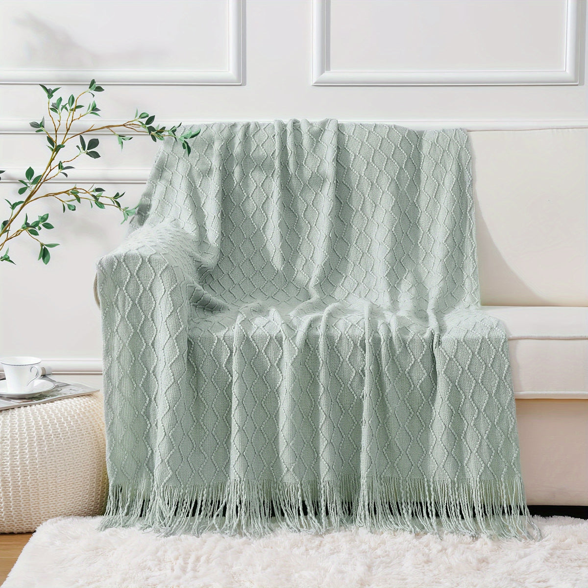 Tassel Throw Blanket Soft Warm Decorative for Couch Bed Sofa Autumn Winter Home Decor 50x60 Inch Ivory Khaki Dark Gray Navy Sage Rust Red