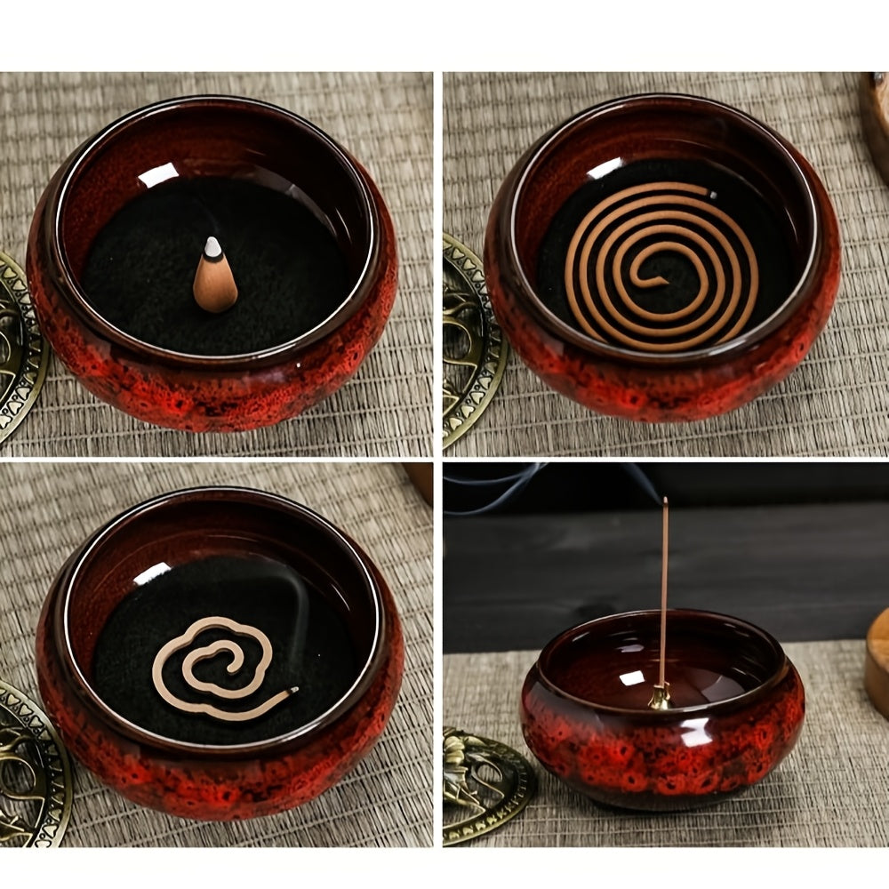 Ceramic Incense Holder Set 4pcs Large Kiln-Fired with Vintage Brass Lid & Fireproof Mat – Stick, Cone & Coil Incense Burner for Home Meditation, Zen Decor & Aromatherapy