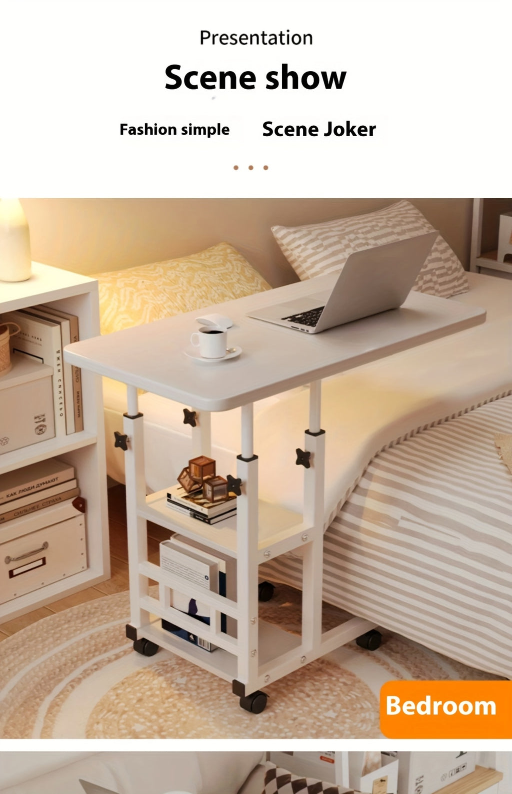 Rolling Laptop Desk Movable Adjustable Height 360 Degree Rotating Wheels Bedside Computer Desk for Bedroom Living Room Dormitory Multifunctional Student Writing Desk Multiple Colors