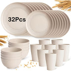 16/32-Piece Wheat Straw Dinnerware Set – Microwave & Dishwasher Safe Plates, Bowls & Cups – Lightweight Unbreakable Tableware for Family Gatherings, Birthday Parties & Camping