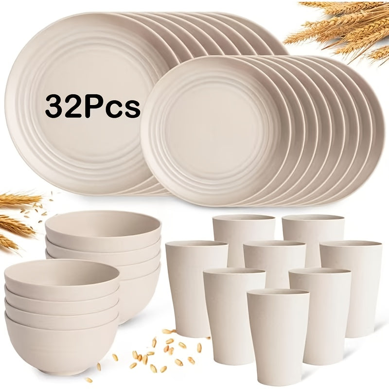 16/32-Piece Wheat Straw Dinnerware Set – Microwave & Dishwasher Safe Plates, Bowls & Cups – Lightweight Unbreakable Tableware for Family Gatherings, Birthday Parties & Camping
