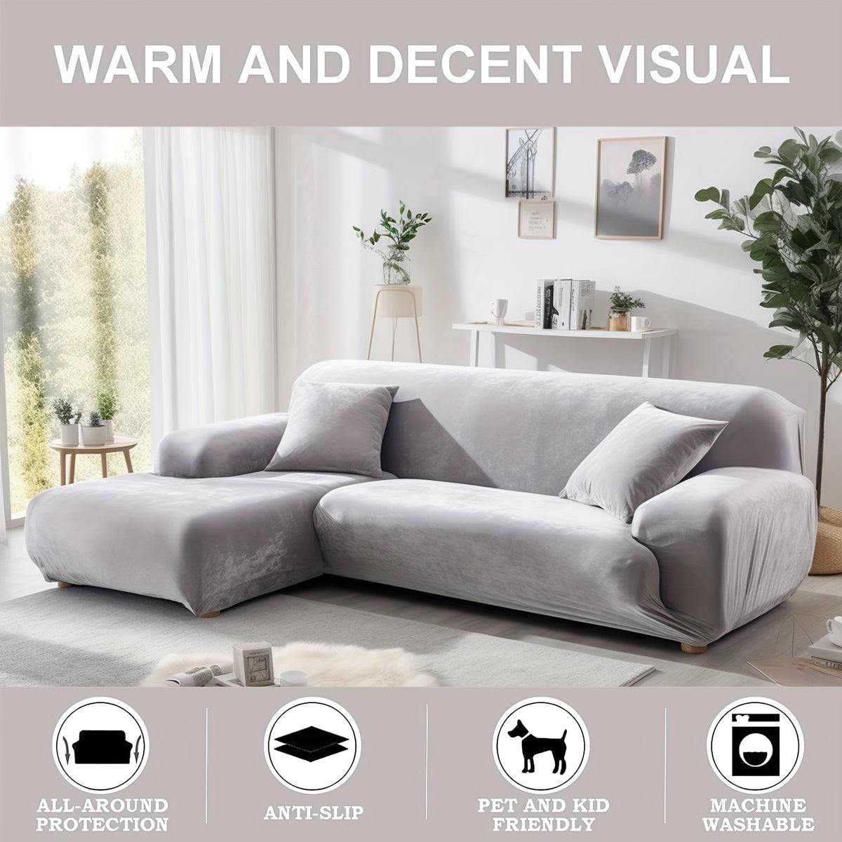 Velvet Stretch Sofa Cover Slipcover – Thick High-Elasticity Plush Couch Cover for L-Shape 1 2 3 4 Seater, Polyester Spandex Furniture Protector with Pillowcase for Living Room