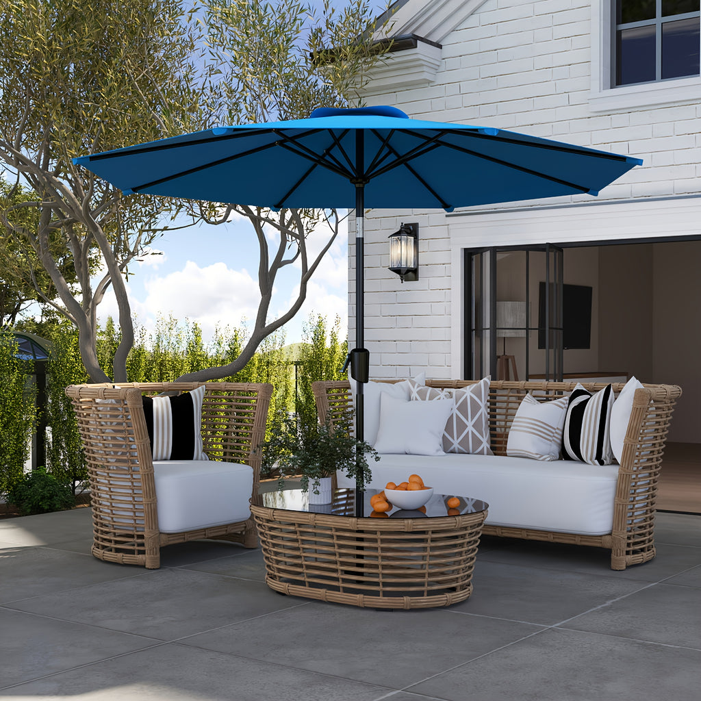Large Patio Umbrella 9ft / 10ft, Outdoor Market Umbrella with Manual Crank & Tilt, Metal Frame, Polyester Canopy, Table or Freestanding Use, 5 Colors — Beige, Red, Dark Blue, Light Blue, Dark Green