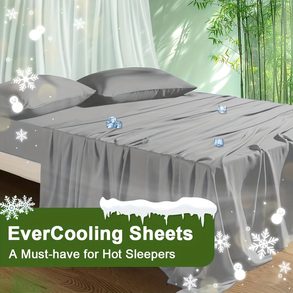 Cooling Bamboo Bed Sheet Set 4-Piece - Soft Lightweight Breathable Deep Pocket 16" Fitted Sheet, Flat Sheet & 2 Pillowcases, Machine Washable Summer Bedding, Twin Full Queen King, 12 Colors