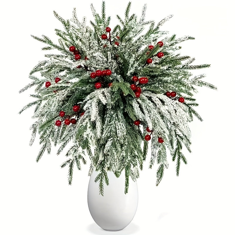 Artificial Christmas Greenery Stems with Red Berries 20pcs 14 Inch Flocked Norfolk Pine Picks for DIY Wreaths Xmas Tree Holiday Centerpiece Indoor Home Vase Filler Decor