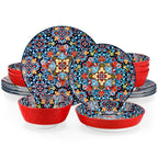 Bohemian Ceramic Dinnerware Set 16 or 24 Piece Stoneware Plates Bowls Tableware Colorful Floral Service for 4 or 6