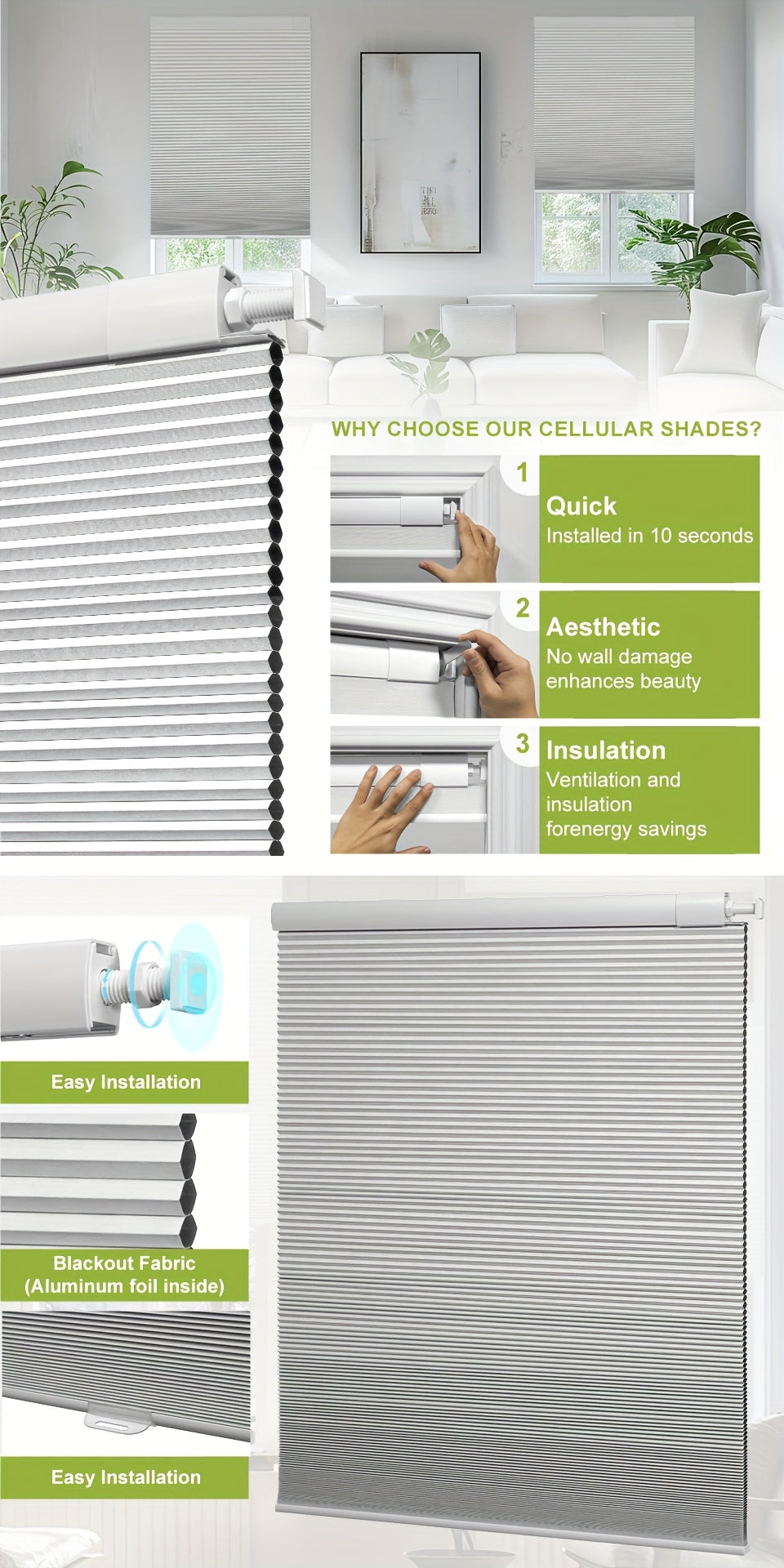Cordless Honeycomb Blinds No Drill No Tools – Cellular Shades Color-Matched Easy Install Window Blinds for Bedroom Living Room & Office