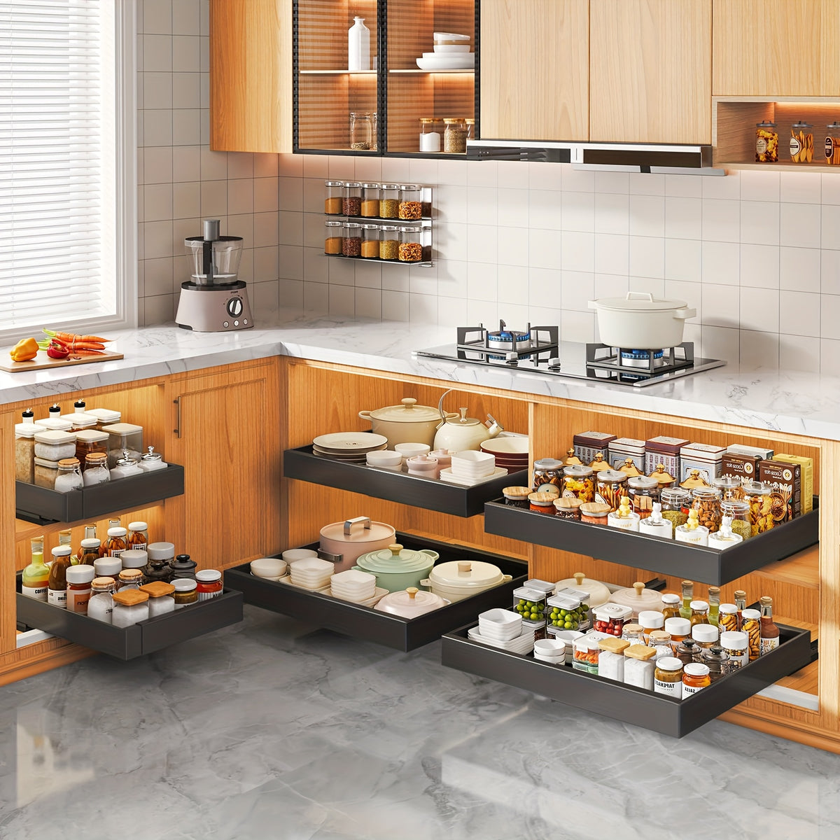 Slide-Out Cabinet Organizer Drawer – Heavy Duty 2 or 4 Drawer, 17" Deep Expandable 12.6"-20.6" Wide, Ultra-Quiet Rails, Anti-Rust Carbon Steel, Adhesive or Drill Mount for Kitchen, Bathroom & Garage
